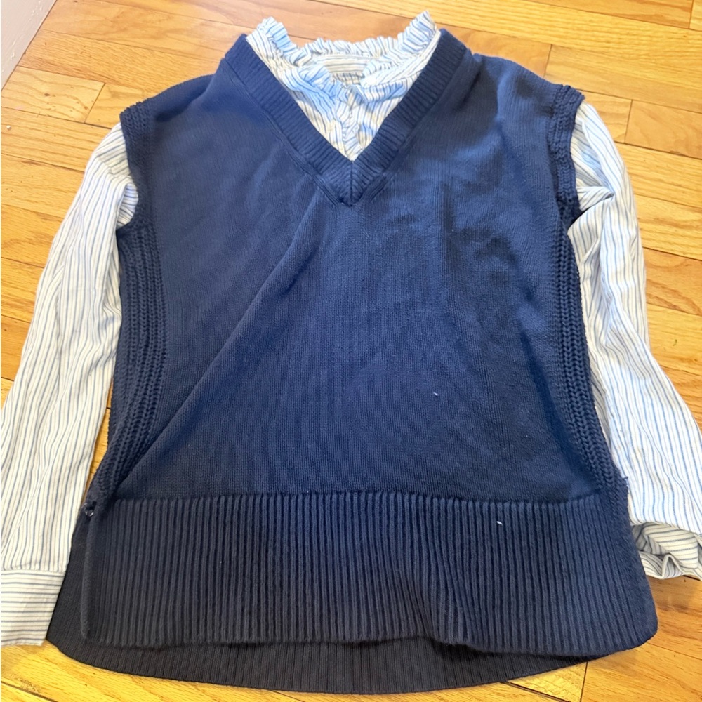 LOFT Layered Sweater Vest‎ Blouse Navy Stripe Ruffle Collar Preppy Top Small